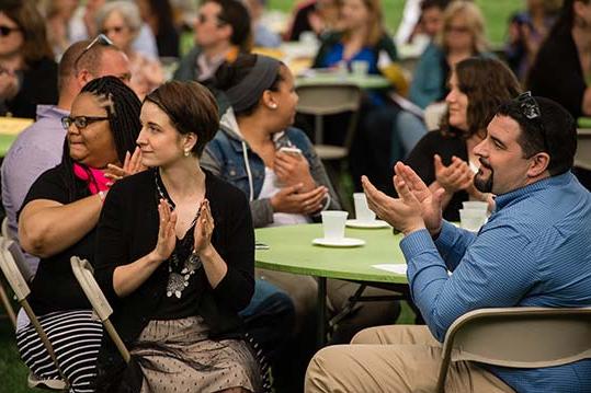 Two Skidmore employees sit at table during the Retirement and Reception Luncheon